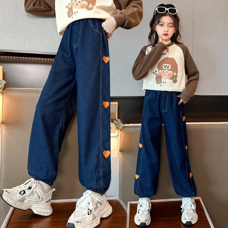 女童褲子春秋女孩休閒時髦洋氣秋款大童寬鬆老爹褲秋裝兒童牛仔褲