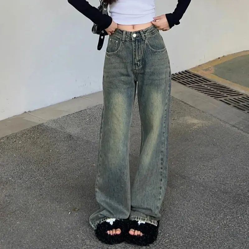 港風復古做舊直筒牛仔褲女2023秋季新款高腰顯瘦垂感拖地闊腿褲潮
