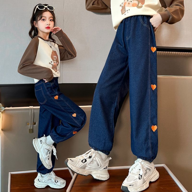 女童牛仔褲春秋2023新款洋氣外穿女大童秋裝時髦寬鬆兒童秋季褲子