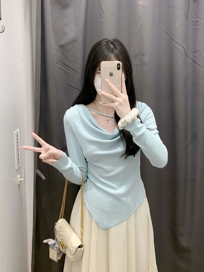 Blue irregular long-sleeved T-shirt for women in early autumn new design niche slimming inner layering shirt top