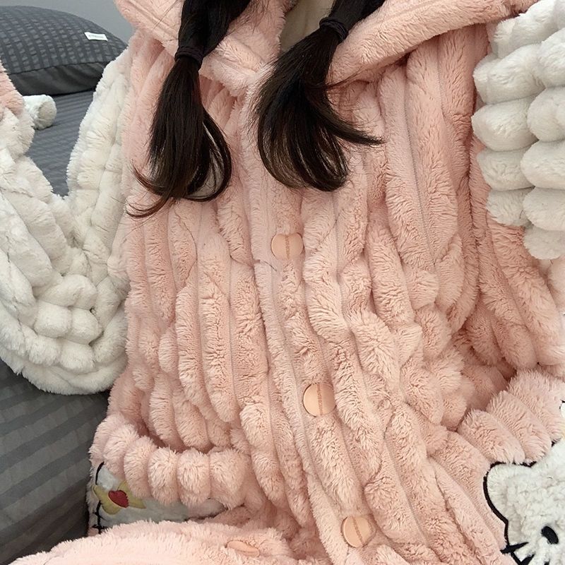 睡衣女冬季珊瑚绒三层夹棉加绒加厚韩版可爱法兰绒保暖家居服套装