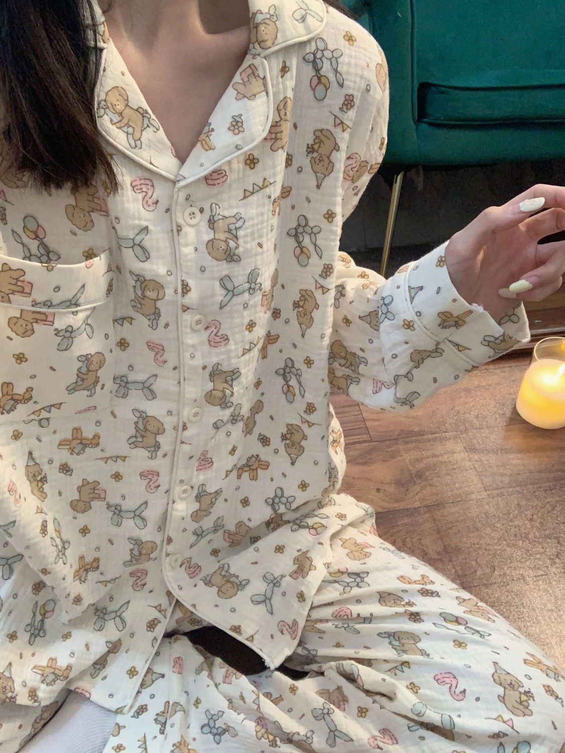 ins風甜美可愛氣球狗睡衣女春秋新款長袖長褲宿舍日系居家服套裝