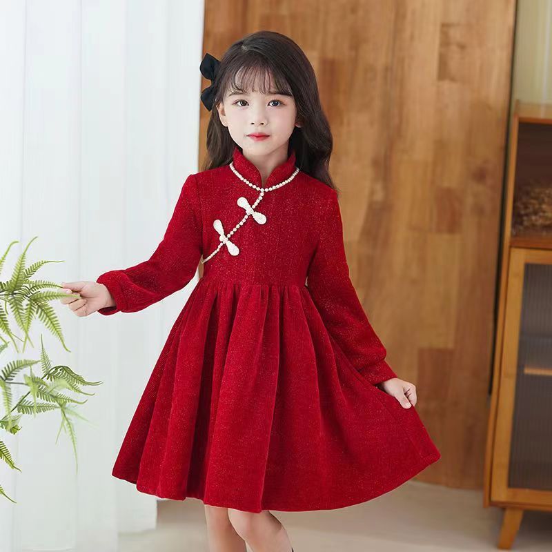 Girls' Cheongsam Dress Autumn and Winter  New Children's Clothing Western Style Winter Clothing Girls' Plush Princess Skirt Winter
