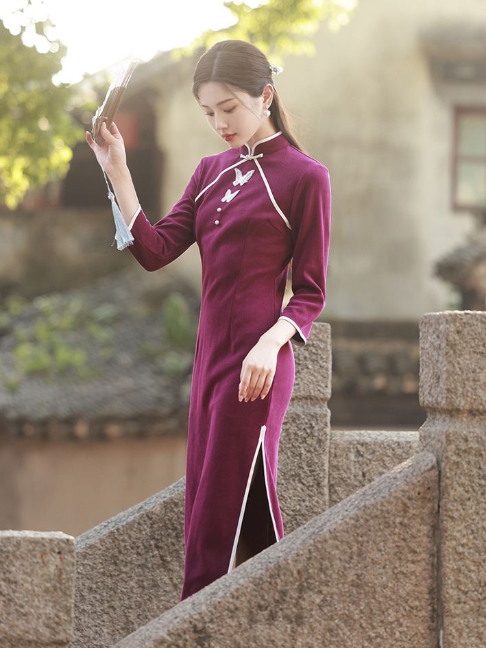 紫色旗袍改良新中式2023秋冬季新款年輕款長袖少女日常可穿連衣裙