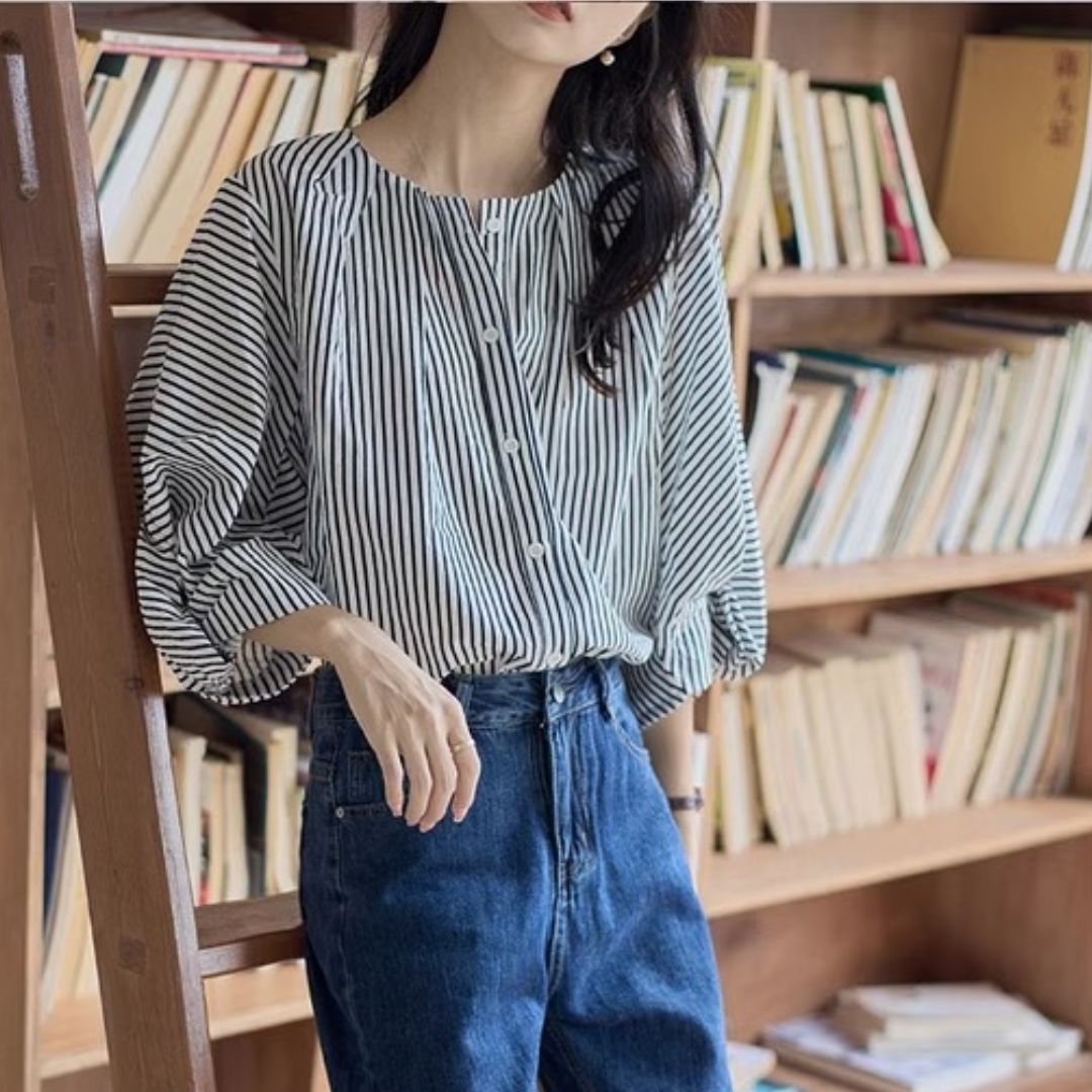 年輕高級遮肉休閒雪紡上衣女2023秋季新款淑女設計感條紋韓版ins