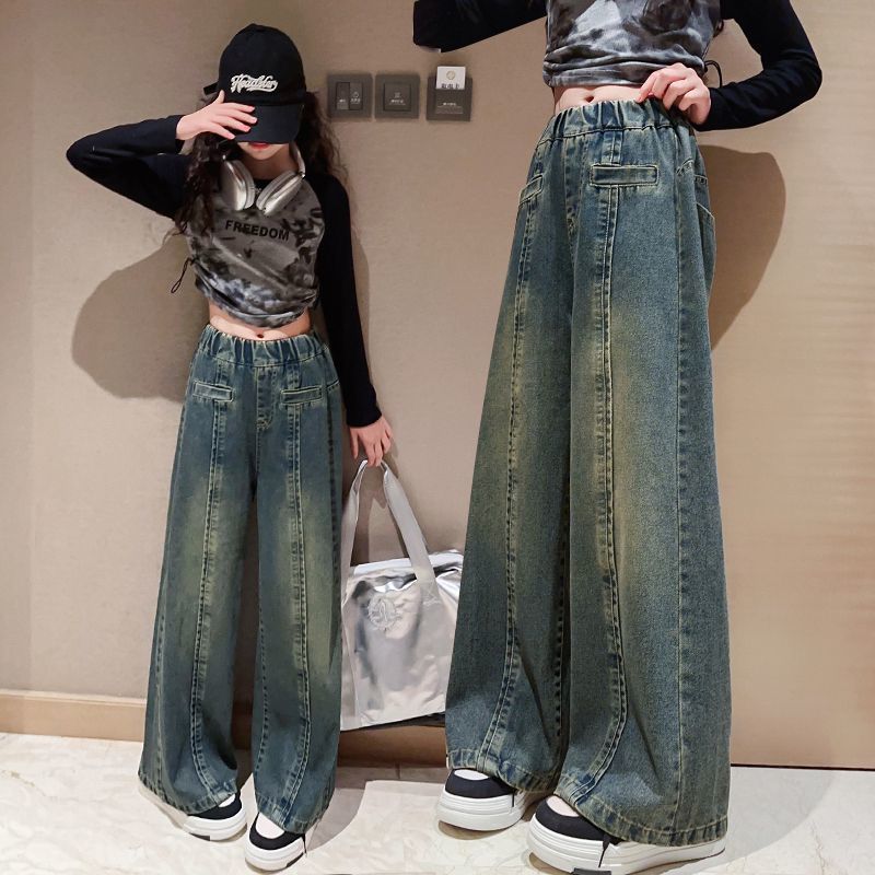 女童褲子春秋2023新款秋裝牛仔褲中大童長褲直筒褲秋季洋氣闊腿褲