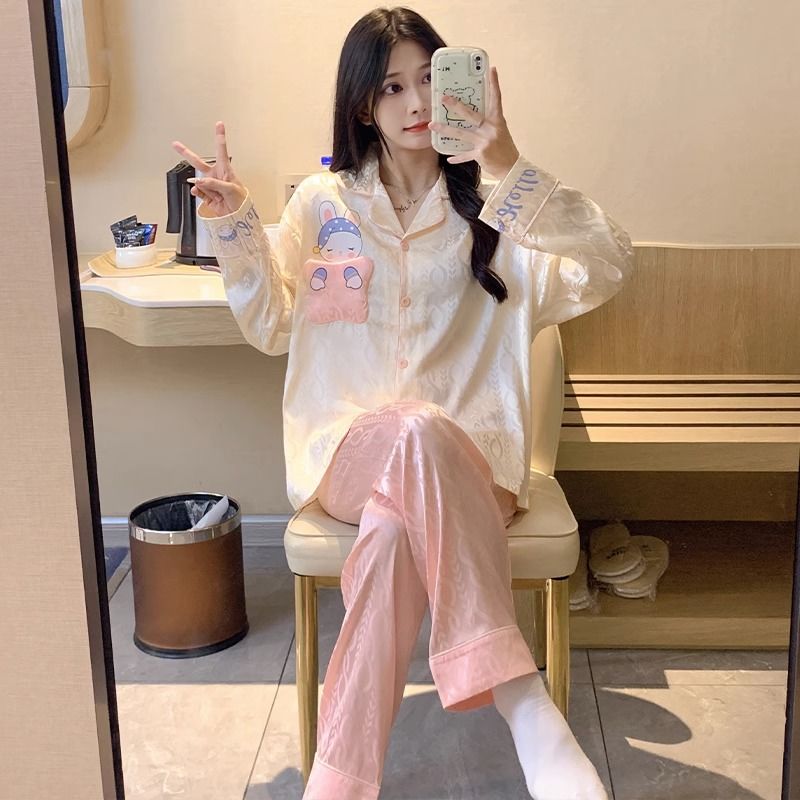 睡衣女款春秋季長袖冰絲涼感兩件套裝夏天薄款女士甜美寬鬆家居服
