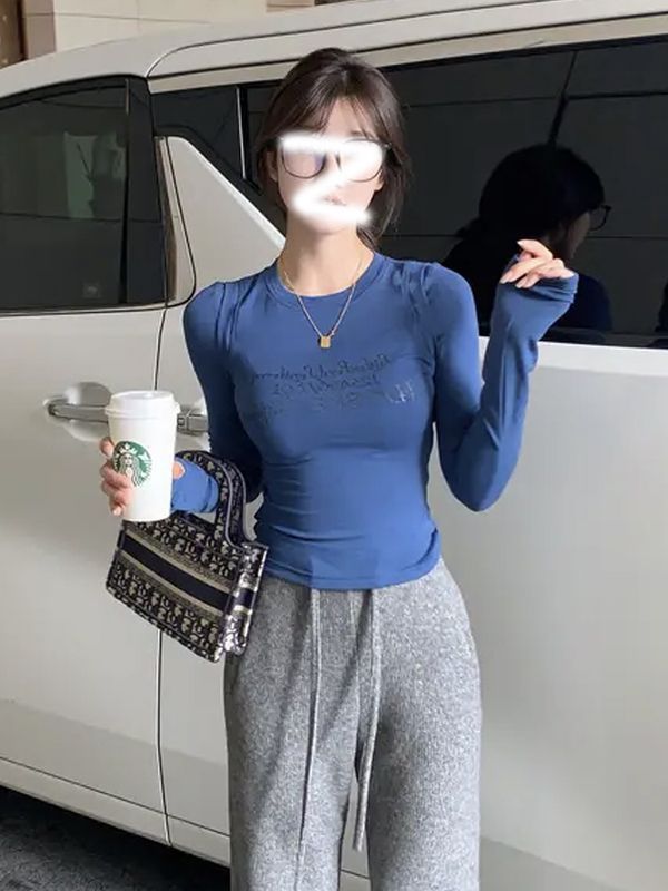 法式不規則印花長袖T恤女早秋2023新款洋氣減齡高腰顯瘦打底上衣