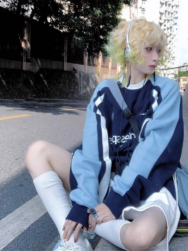 美式撞色拼接圓領衛衣女無帽春秋薄款oversize潮牌學生寬鬆上衣服