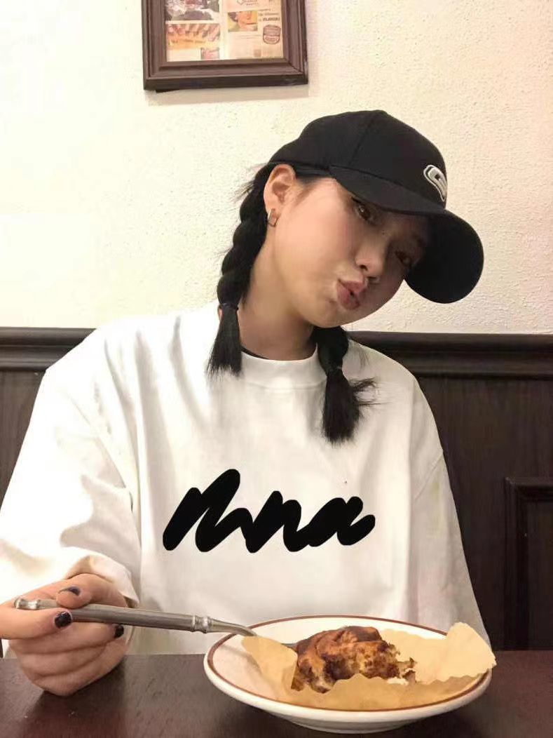 100%純棉別致線條短袖t恤女夏季新款美式潮牌寬鬆設計感百搭上衣