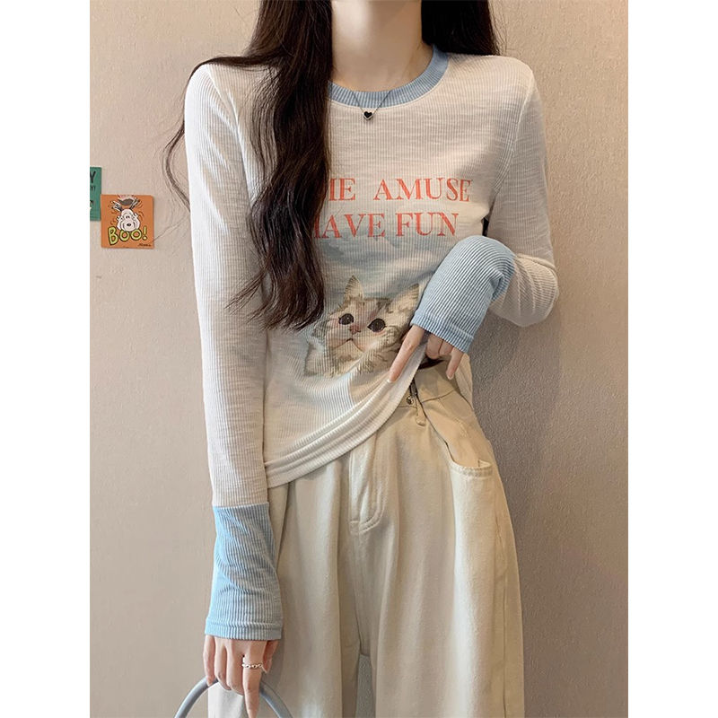 甜辣風減齡貓咪印花長袖t恤女春秋薄款內搭修身顯瘦辣妹短款上衣