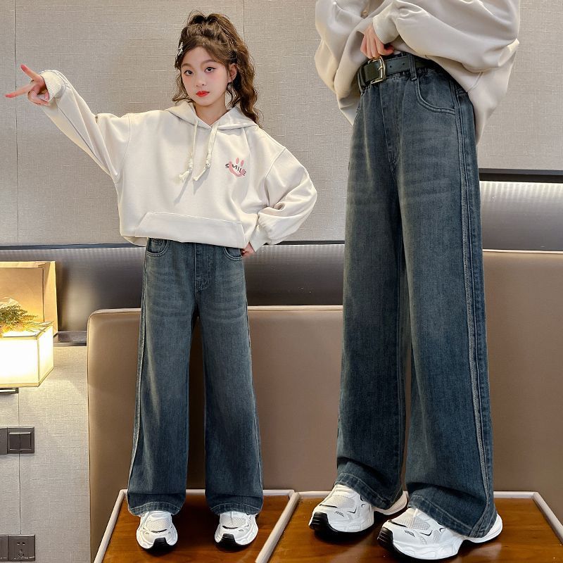 女童牛仔褲春秋2023新款闊腿時髦女大童秋季寬鬆兒童秋裝休閒褲子