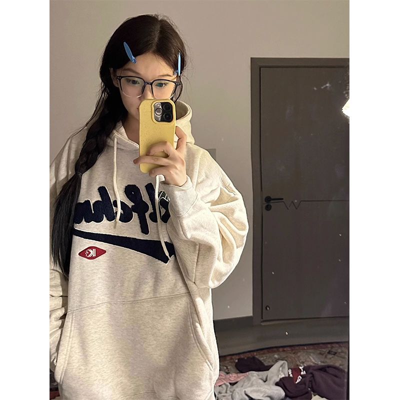 美式高街復古刺繡連帽衛衣女春秋新款慵懶風oversize寬鬆百搭上衣