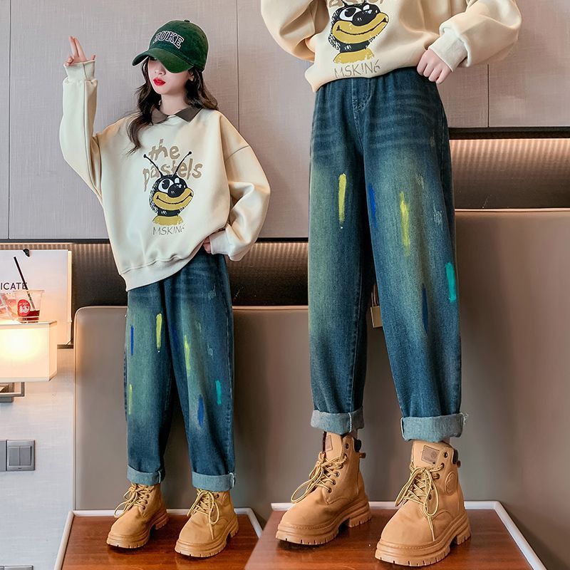 女童牛仔褲春秋款2023新款兒童褲子洋氣秋季女大童外穿寬鬆老爹褲