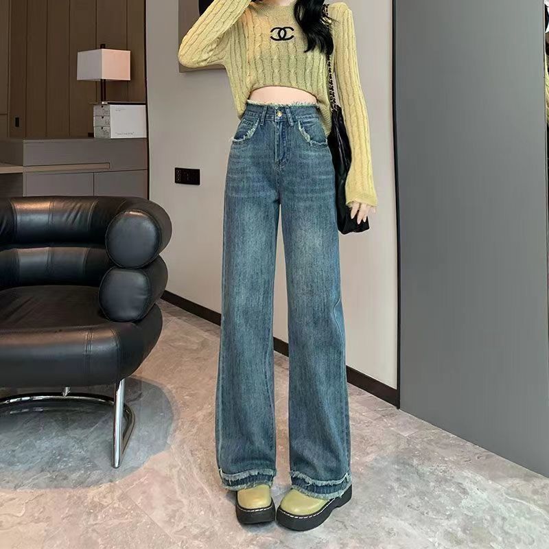 大碼胖mm高腰牛仔褲女秋冬新款寬鬆百搭顯瘦小個子毛邊闊腿褲子潮