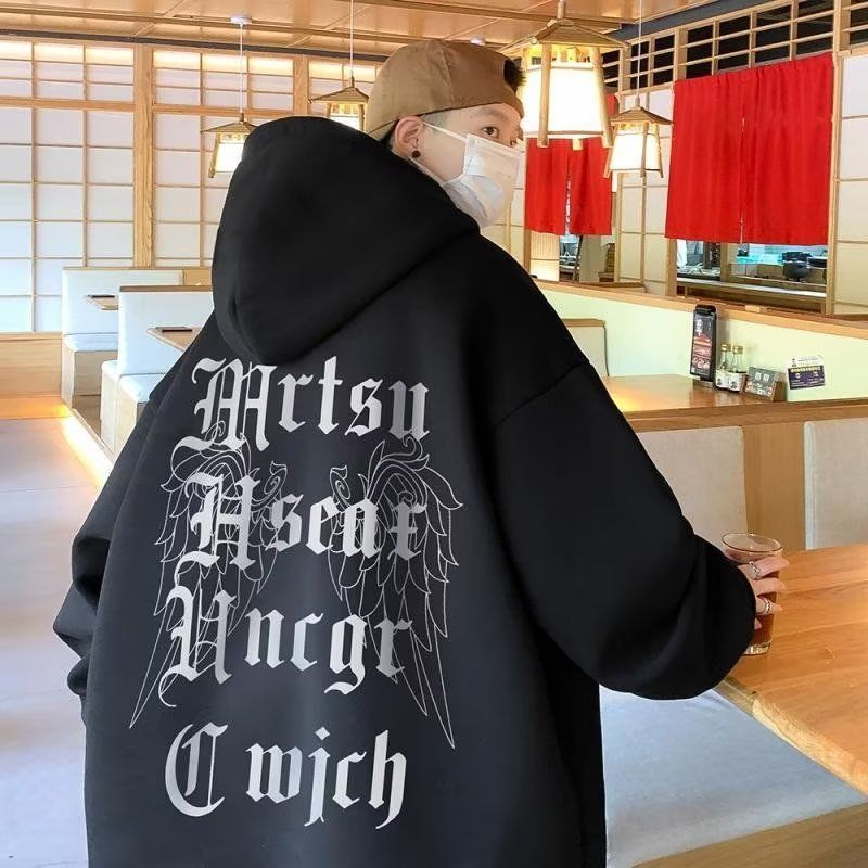 美式重磅連帽衛衣男秋冬款潮牌哥特風字母印花上衣服潮流痞帥外套
