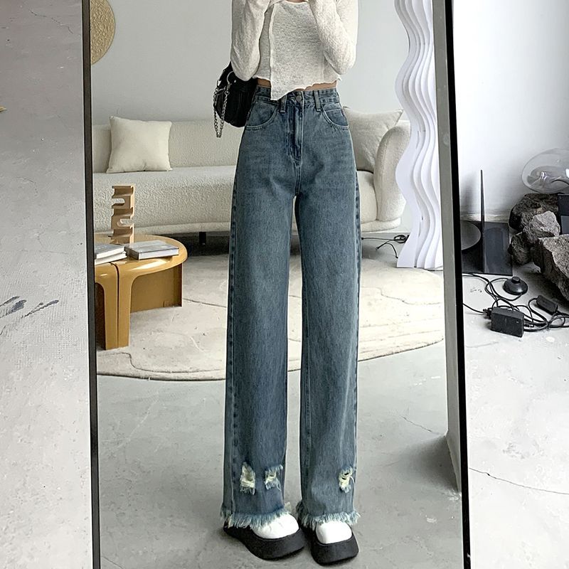 毛邊破洞直筒牛仔褲女秋冬小個子顯瘦顯高寬鬆百搭闊腿拖地褲子潮