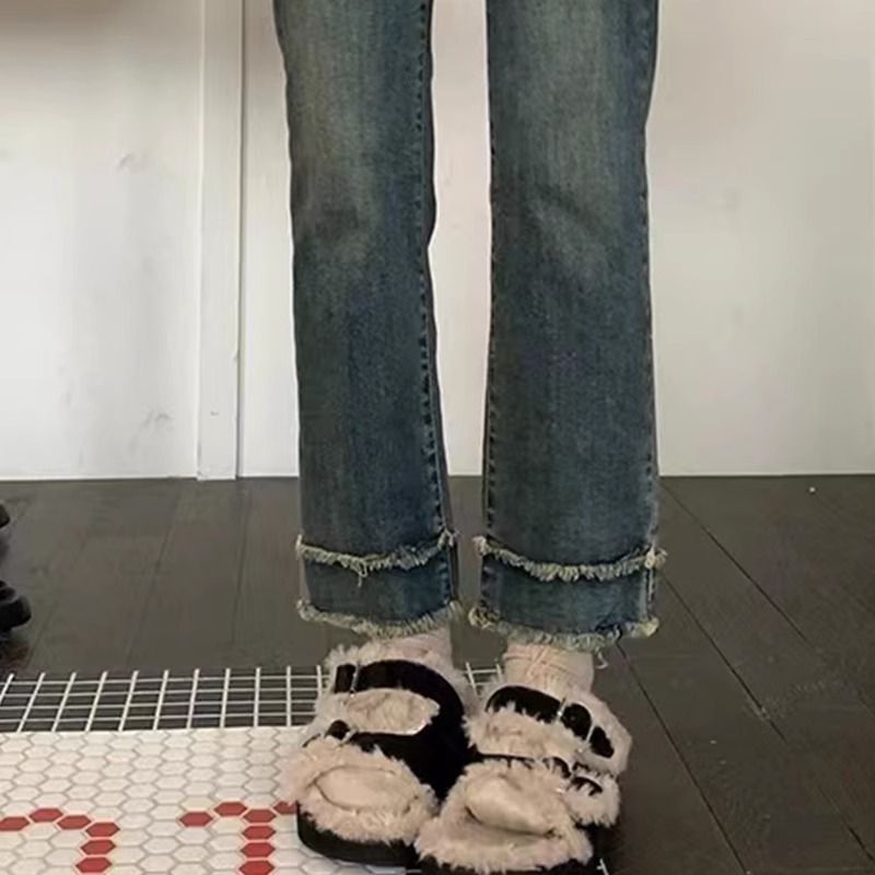 高腰直筒牛仔褲女春秋大碼2023年新款胖mm寬鬆顯瘦毛邊九分煙管褲