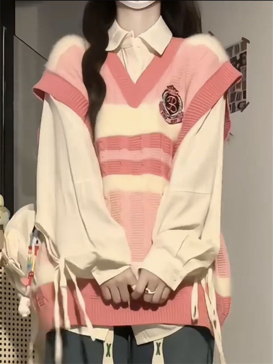 兩件/套裝早秋甜美多巴胺條紋拼色毛衣背心針織馬甲+杏色純色襯衫