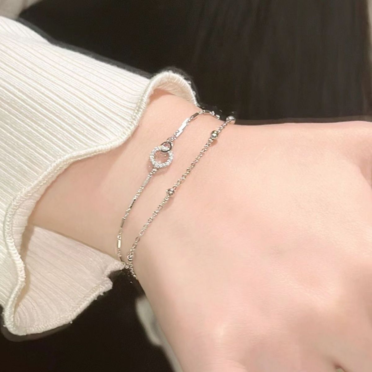 纯银环环相扣手链女小众设计感双层手链不掉色轻奢520情人节礼物