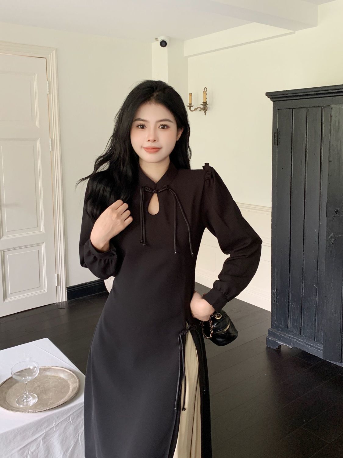 大碼女裝新中式國風長袖連衣裙秋季微胖mm收腰顯瘦改良旗袍裙子女