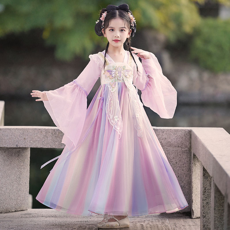 女童漢服古風公主裙子秋款小女孩2023新款古裝連衣裙兒童春秋唐裝