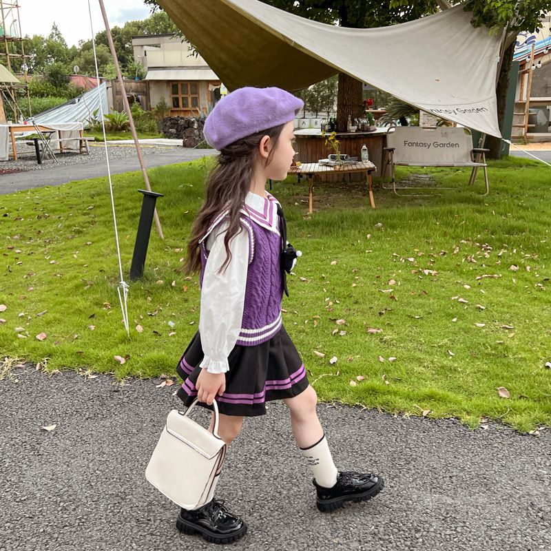 Girls suit jk Internet celebrity girl spring and autumn style Kuromi children's college style pleated skirt three-piece dress