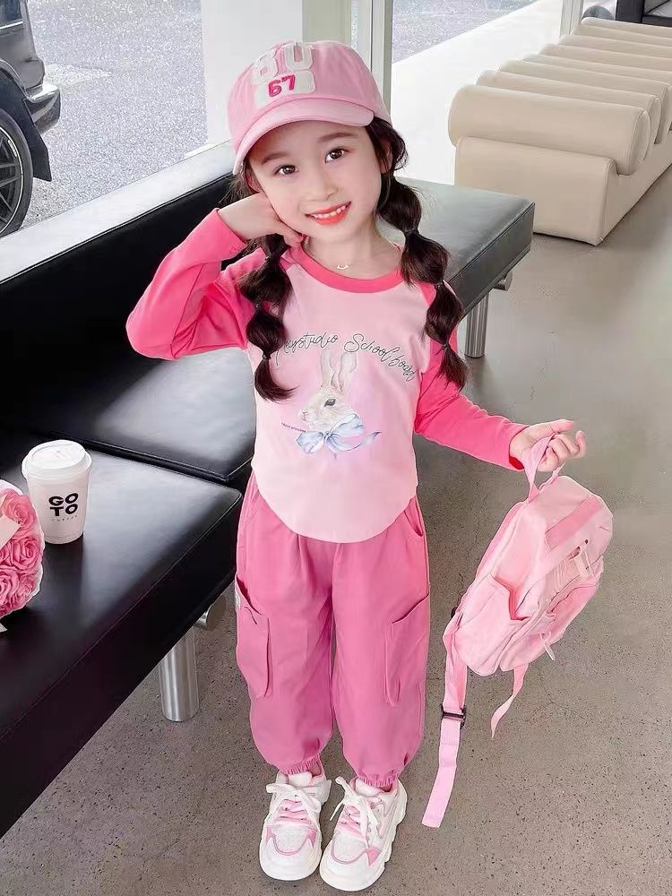 Girls' tops, spring clothes, cartoon rabbit pattern outer wear bottoming shirts, versatile outer wear for small and medium-sized girls, Internet celebrity hot style