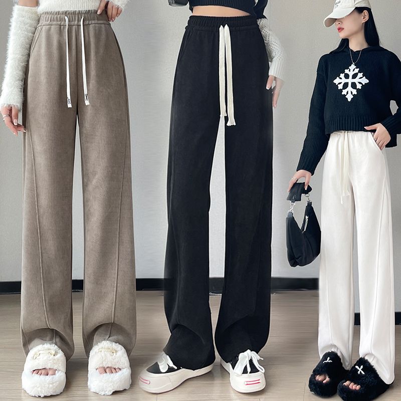 Women's velvet wide-leg pants for autumn and winter new style high-waisted American casual sports narrow version large size straight banana pants