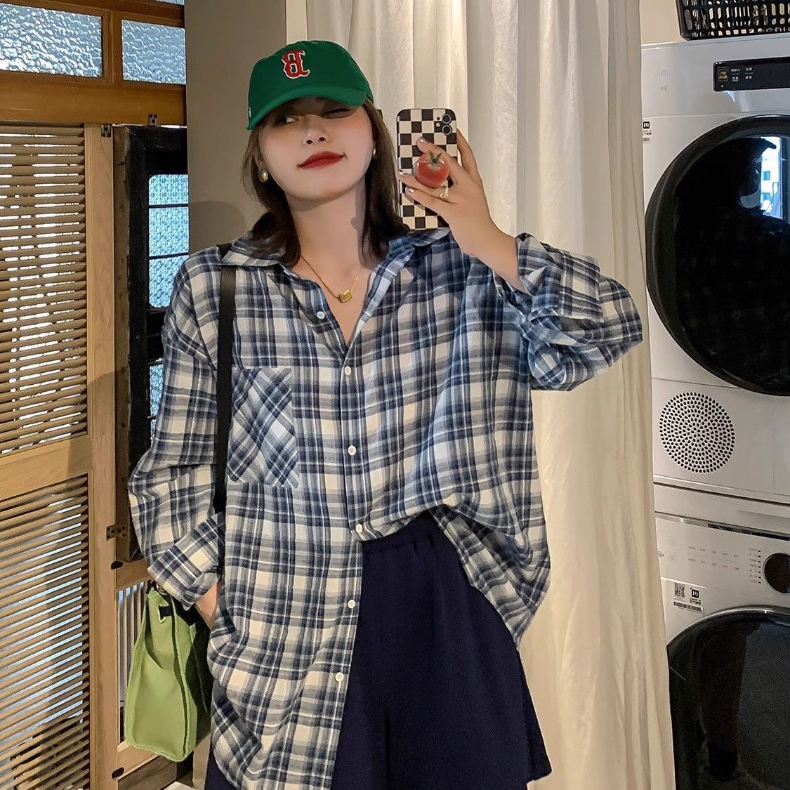 格瑞吉奧春秋休閒格子襯衫女長袖oversize寬鬆襯衣開衫薄外套上衣