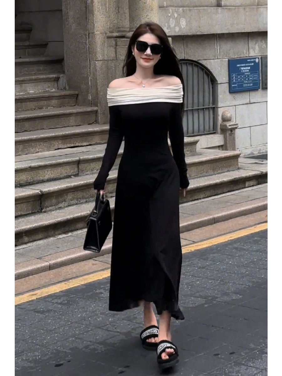 溫柔連衣裙女2023秋季新款法式氣質收腰顯瘦一字肩撞色中長款裙子