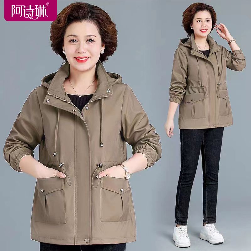 Windproof windbreaker fashionable temperament 2023 autumn new short style hooded windbreaker jacket for middle-aged and elderly mothers