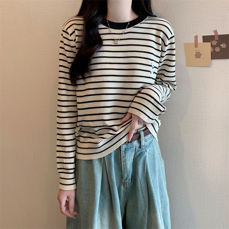 休閒咖色條紋t恤女秋季2023新款寬鬆顯瘦設計感小眾通勤長袖上衣