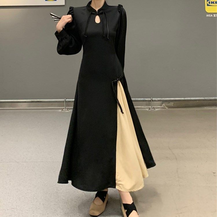 Large size retro national style new Chinese dress women's autumn and winter black skirt fat mm covers the belly and looks slim improved cheongsam skirt