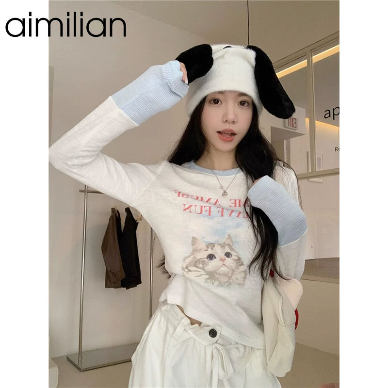 aimilian美式復古長袖t恤女早秋設計感小眾修身顯瘦辣妹短款上衣