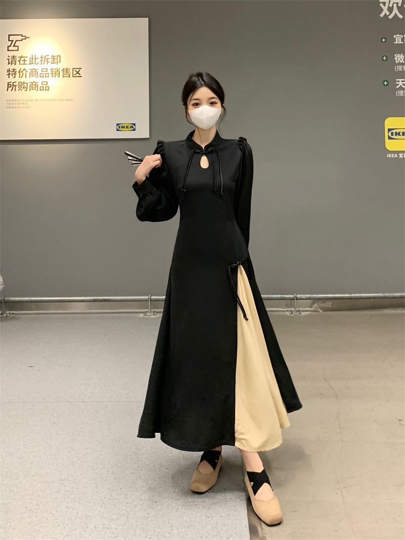 Large size retro national style new Chinese dress women's autumn and winter black skirt fat mm covers the belly and looks slim improved cheongsam skirt