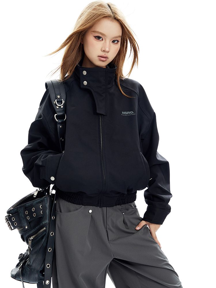 American retro functional style jacket for women 2023 autumn contrasting color windbreaker printed loose stand-up collar top for commuting