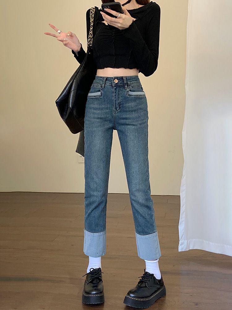 藍色卷邊直筒牛仔褲女秋季新款高腰修身彈力顯瘦小個子九分煙管褲