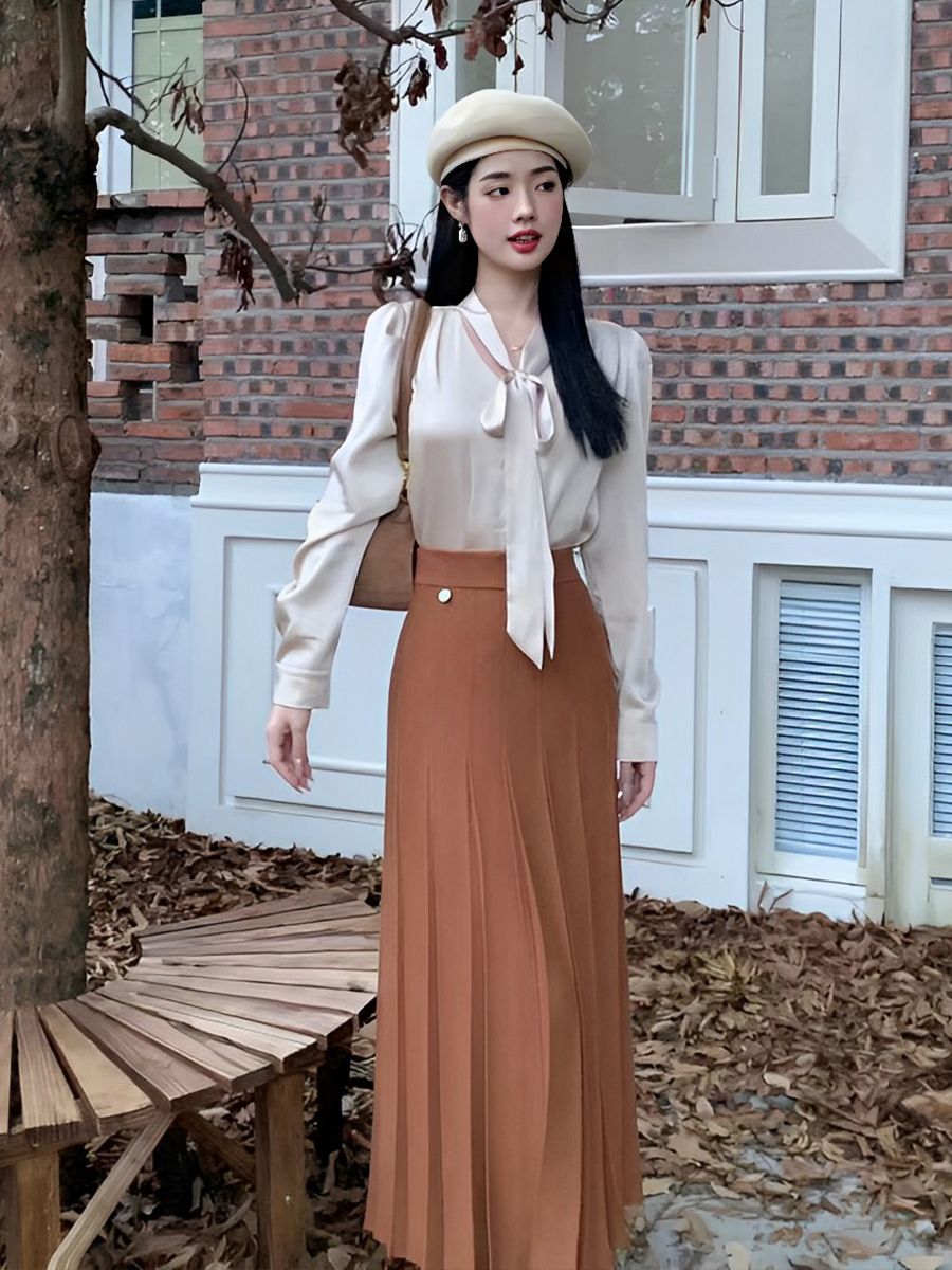 套裝女2023秋季新款輕熟風緞面V領系帶上衣+氣質高腰半身裙兩件套