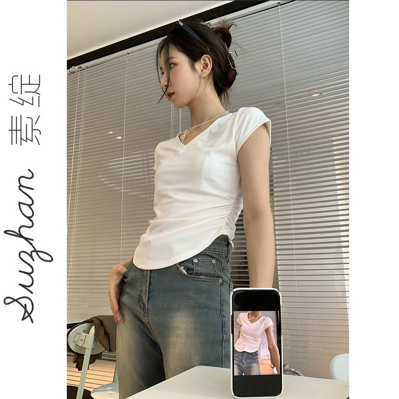 小眾氣質修身顯瘦不規則短款V領上衣女甜辣妹顯瘦法式正肩短袖t恤