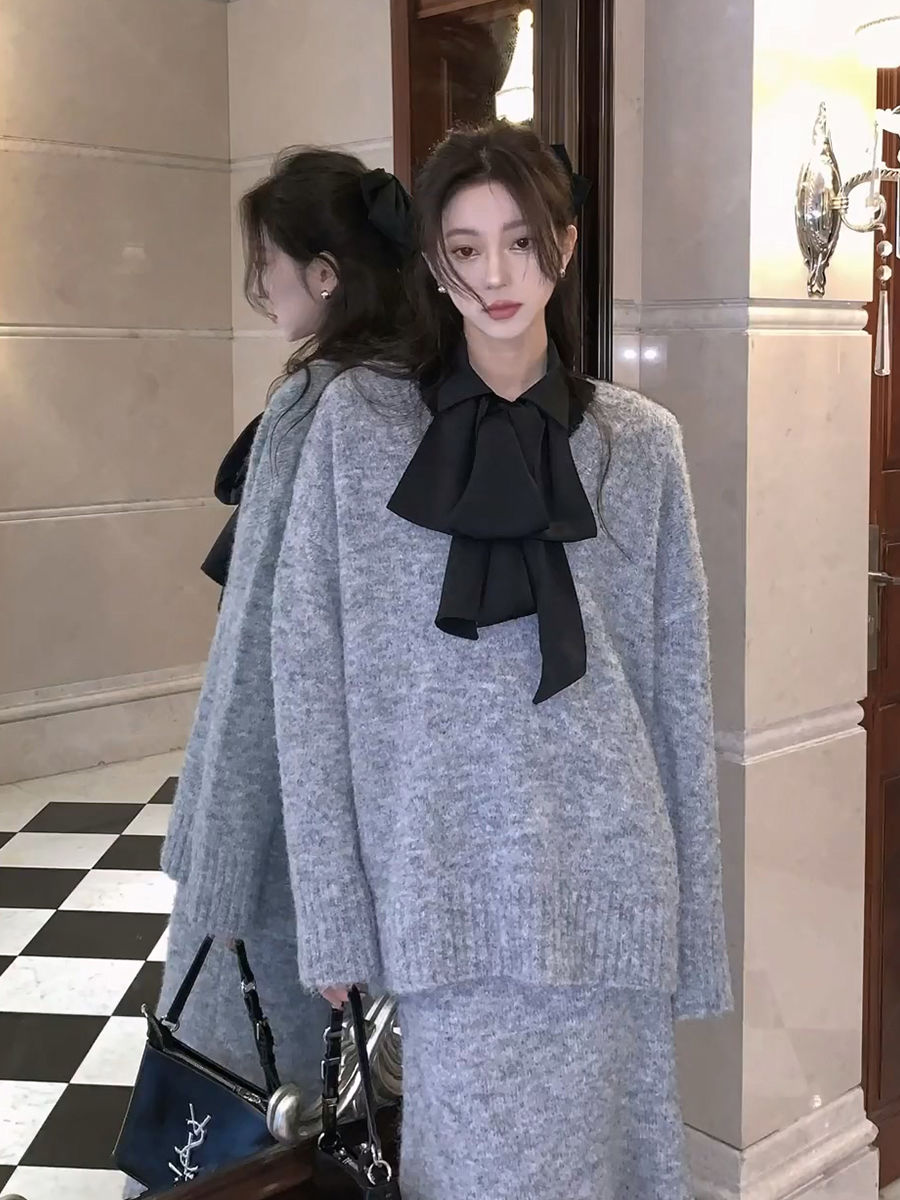 套裝女2023秋季新款慵懶風寬鬆百搭毛衣上衣氣質高腰半身裙兩件套