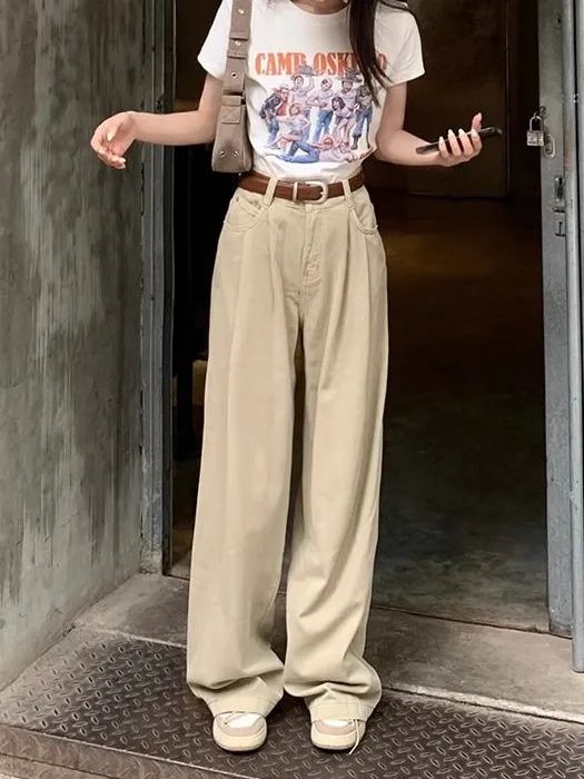 卡其色高街牛仔褲女新款秋季高腰顯瘦闊腿褲寬鬆垂感直筒褲拖地褲