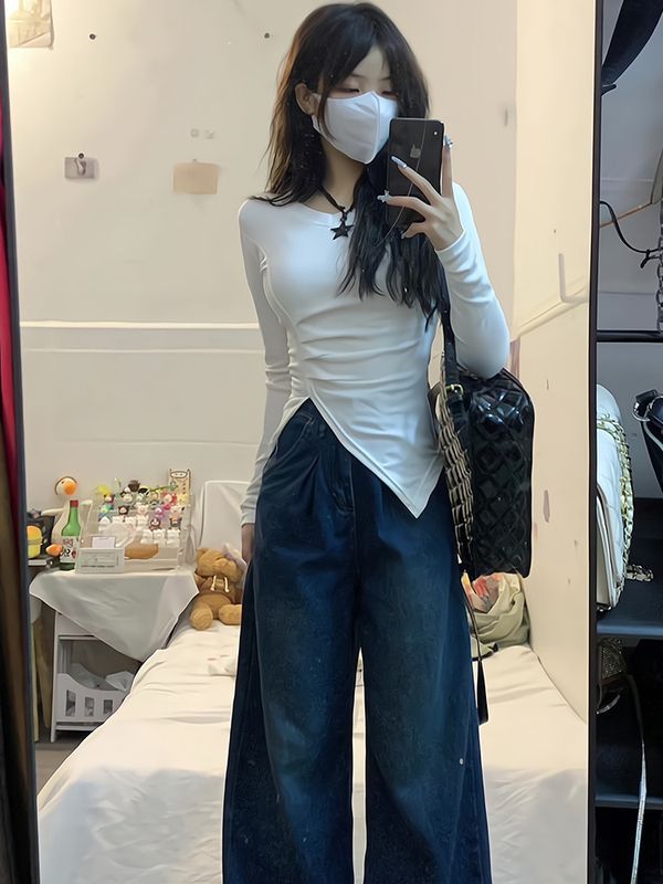 白色v領不規則開叉長袖t恤女早秋薄款緊身短款內搭百搭打底衫上衣