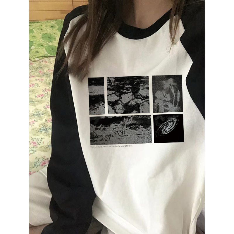 美式潮牌小眾設計感撞色上衣秋裝女新款洋氣插肩接拼長袖t恤新款