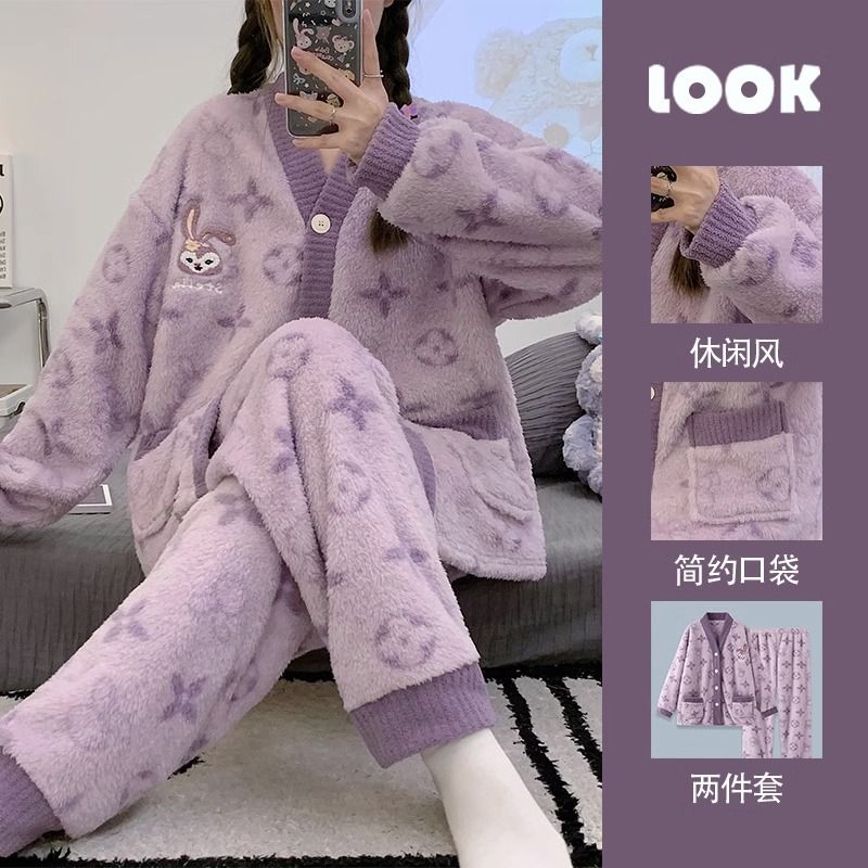 毛絨睡衣女冬季款珊瑚絨加絨加厚法蘭絨網紅風大碼外穿家居服套裝