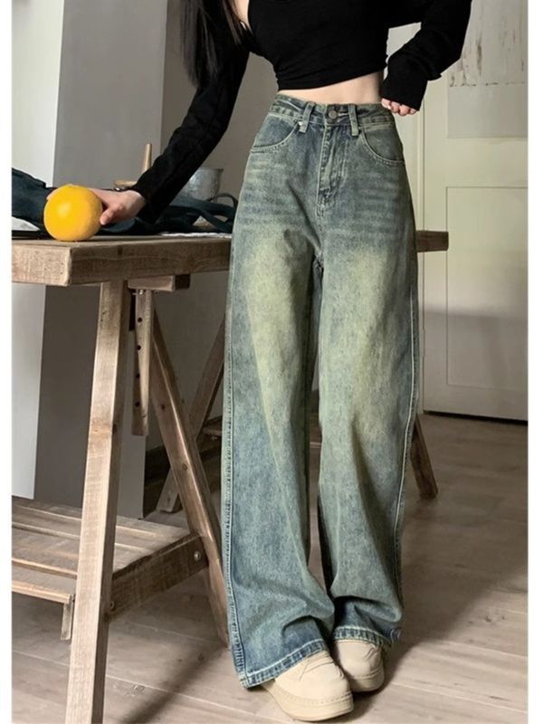 美式復古水洗做舊牛仔褲女秋季大碼胖mm高腰顯瘦闊腿褲直筒拖地褲