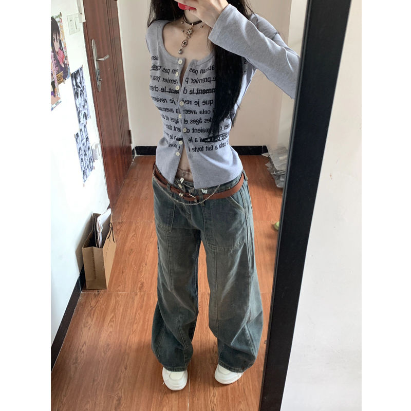 美式復古辣妹長袖t恤女春秋季修身顯瘦設計感小眾短款打底衫上衣