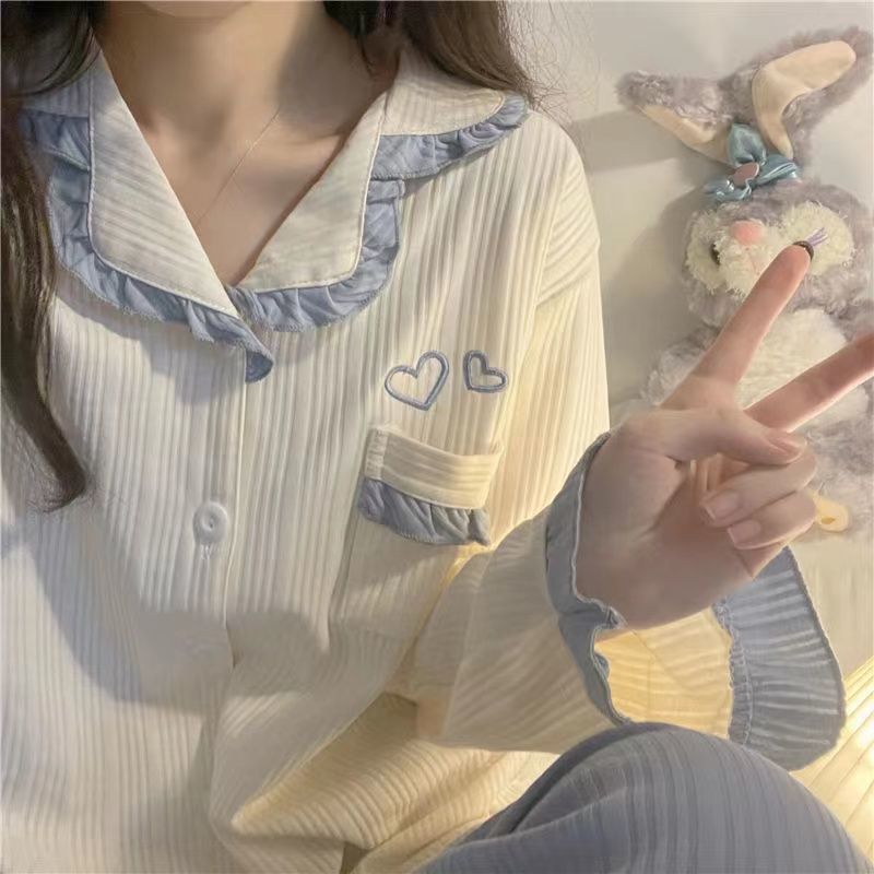 春秋日系睡衣女开衫ins甜美简约学生甜美可爱卡通冬季家居服套装