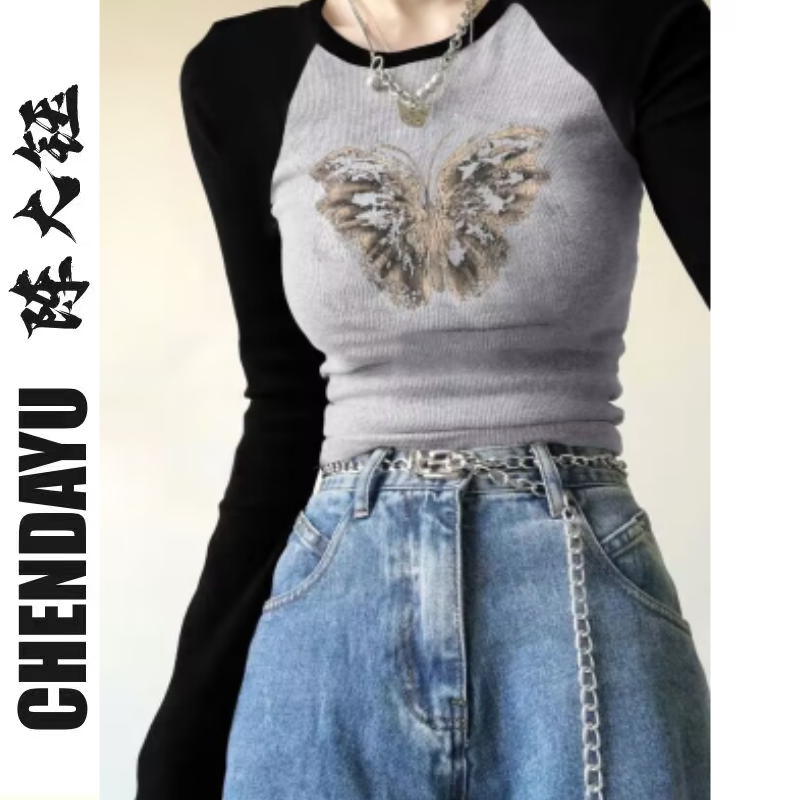 2023 early autumn new style black and gray slim fit contrasting long-sleeved t-shirt for women Korean pure lust style tight short top ins style