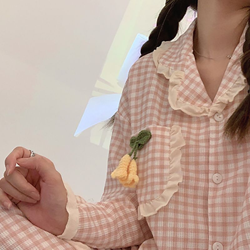 ins風甜美小花格子睡衣女春秋款日系休閒長袖網紅爆款居家服套裝